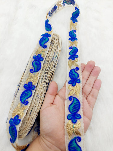 Beige Tissue Fabric Trim With Blue and Gold Embroidery, Paisley Embroidery, Trim by 2 Yards